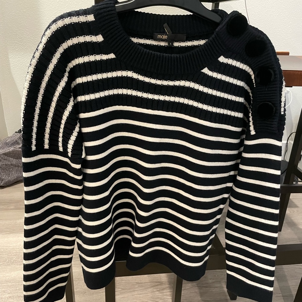Maje dark blue striped sweater with suede buttons